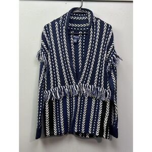 Anna Cai Cardigan Sweater Womens Small Blue Black Fringe Herringbone Knit